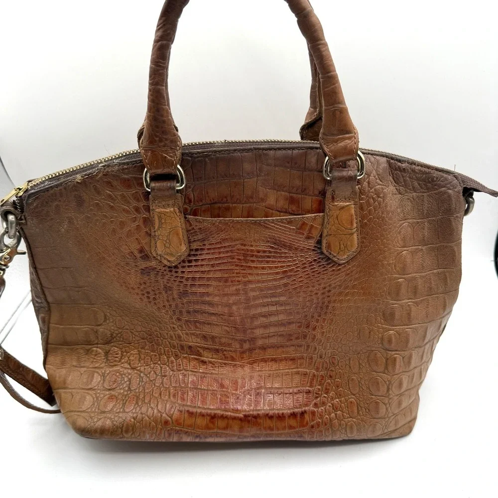 Brahmin Satchel Womens Brown Embossed Croc Leather Shoulder Bag Purse Distressed